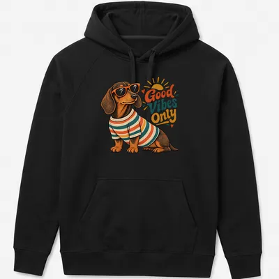 Vintage illustration of a Dachshund with the text 'Good Vibes Only' in warm colors — printed on a unisex hoodie