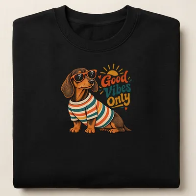 Vintage illustration of a Dachshund with the text 'Good Vibes Only' in warm colors — printed on a unisex sweatshirt