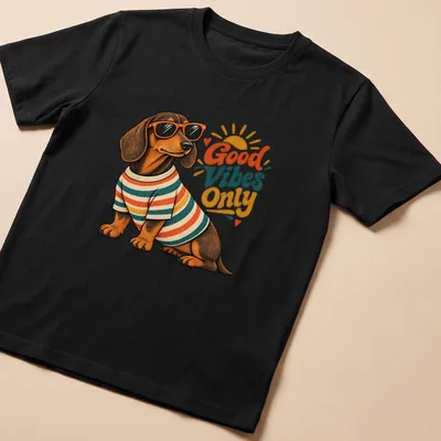 Vintage illustration of a Dachshund with the text 'Good Vibes Only' in warm colors