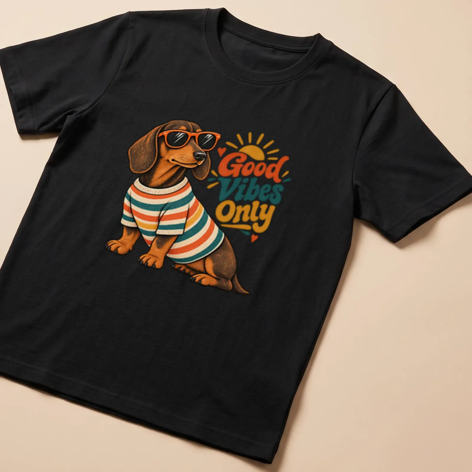 Vintage illustration of a Dachshund with the text 'Good Vibes Only' in warm colors — printed on a unisex t-shirt