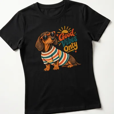 Vintage illustration of a Dachshund with the text 'Good Vibes Only' in warm colors — printed on a women's shirt