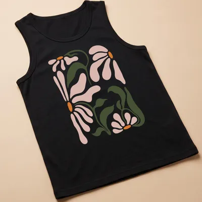 Abstract floral design featuring daisy flowers in pink, green, and orange — printed on a tank top