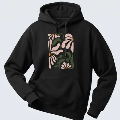 Abstract floral design featuring daisy flowers in pink, green, and orange — printed on a unisex hoodie