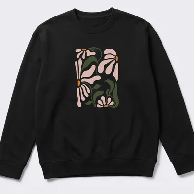 Abstract floral design featuring daisy flowers in pink, green, and orange — printed on a unisex sweatshirt