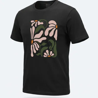 Abstract floral design featuring daisy flowers in pink, green, and orange