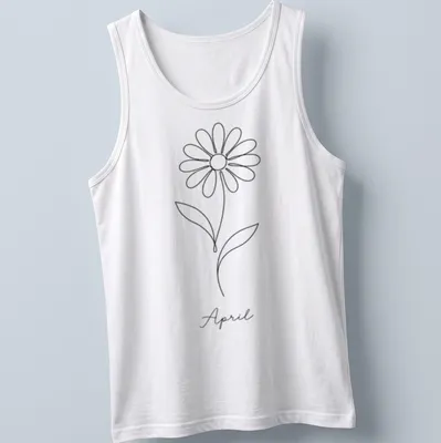 Minimalist line art of a daisy and the word April in black and white — printed on a tank top