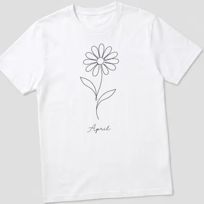 Minimalist line art of a daisy and the word April in black and white
