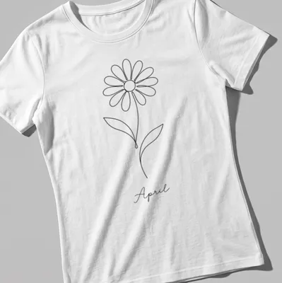 Minimalist line art of a daisy and the word April in black and white — printed on a women's shirt
