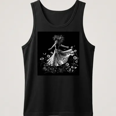 Black and white illustration of a dancer in a flowing dress among sunflowers — printed on a tank top