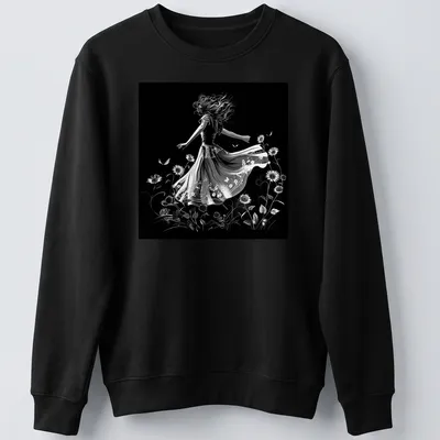 Black and white illustration of a dancer in a flowing dress among sunflowers — printed on a unisex sweatshirt