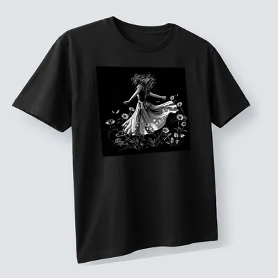 Black and white illustration of a dancer in a flowing dress among sunflowers — printed on a unisex t-shirt (angled view)
