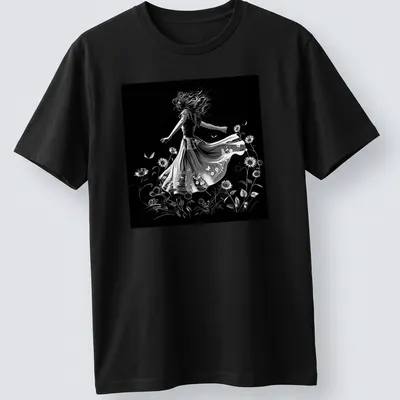 Black and white illustration of a dancer in a flowing dress among sunflowers