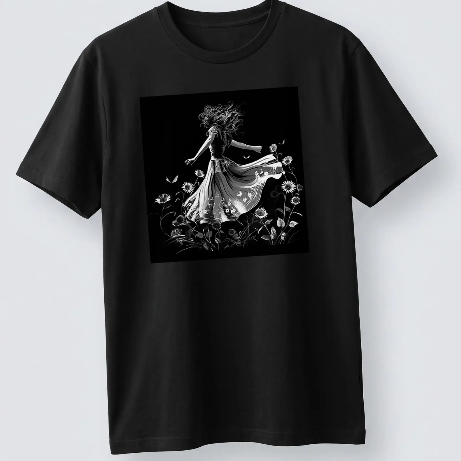 Black and white illustration of a dancer in a flowing dress among sunflowers — printed on a unisex t-shirt