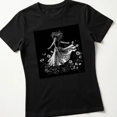 Black and white illustration of a dancer in a flowing dress among sunflowers — printed on a women's shirt