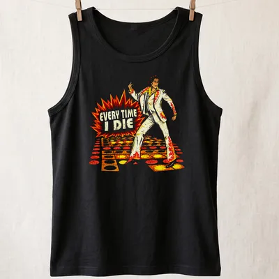 Vintage disco tee with dancing figure and bold text Every Time I Die — printed on a tank top