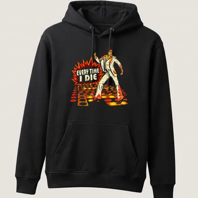 Vintage disco tee with dancing figure and bold text Every Time I Die — printed on a unisex hoodie