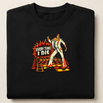 Vintage disco tee with dancing figure and bold text Every Time I Die — printed on a unisex sweatshirt