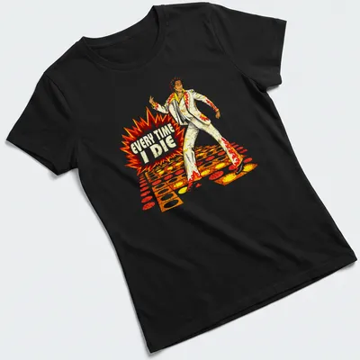 Vintage disco tee with dancing figure and bold text Every Time I Die — printed on a women's shirt