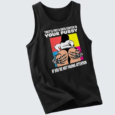 Cartoon design of a woman with skeleton hands and bold text on colorful background — printed on a tank top