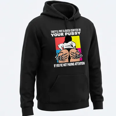Cartoon design of a woman with skeleton hands and bold text on colorful background — printed on a unisex hoodie