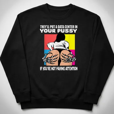 Cartoon design of a woman with skeleton hands and bold text on colorful background — printed on a unisex sweatshirt