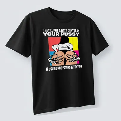 Cartoon design of a woman with skeleton hands and bold text on colorful background — printed on a unisex t-shirt (angled view)