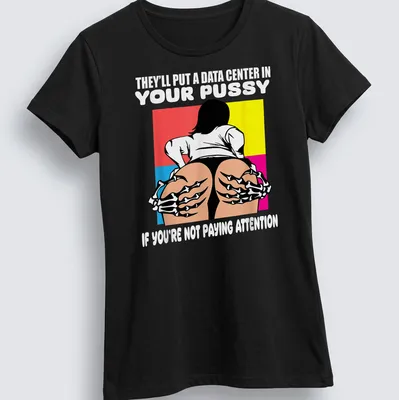 Cartoon design of a woman with skeleton hands and bold text on colorful background — printed on a women's shirt