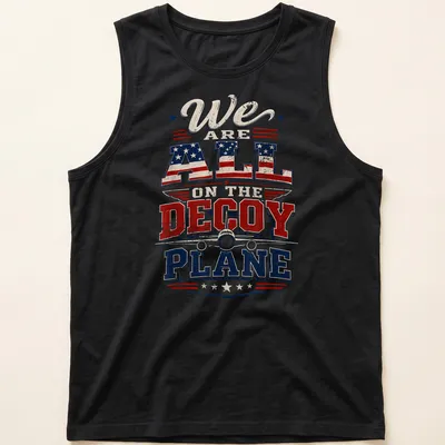 Vintage distressed T-shirt with a decoy plane and bold patriotic text — printed on a tank top