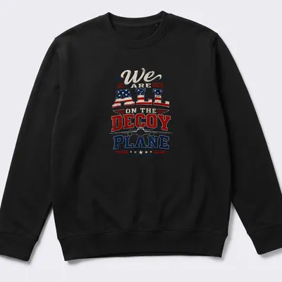Vintage distressed T-shirt with a decoy plane and bold patriotic text — printed on a unisex sweatshirt