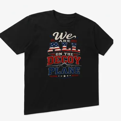 Vintage distressed T-shirt with a decoy plane and bold patriotic text — printed on a unisex t-shirt (angled view)