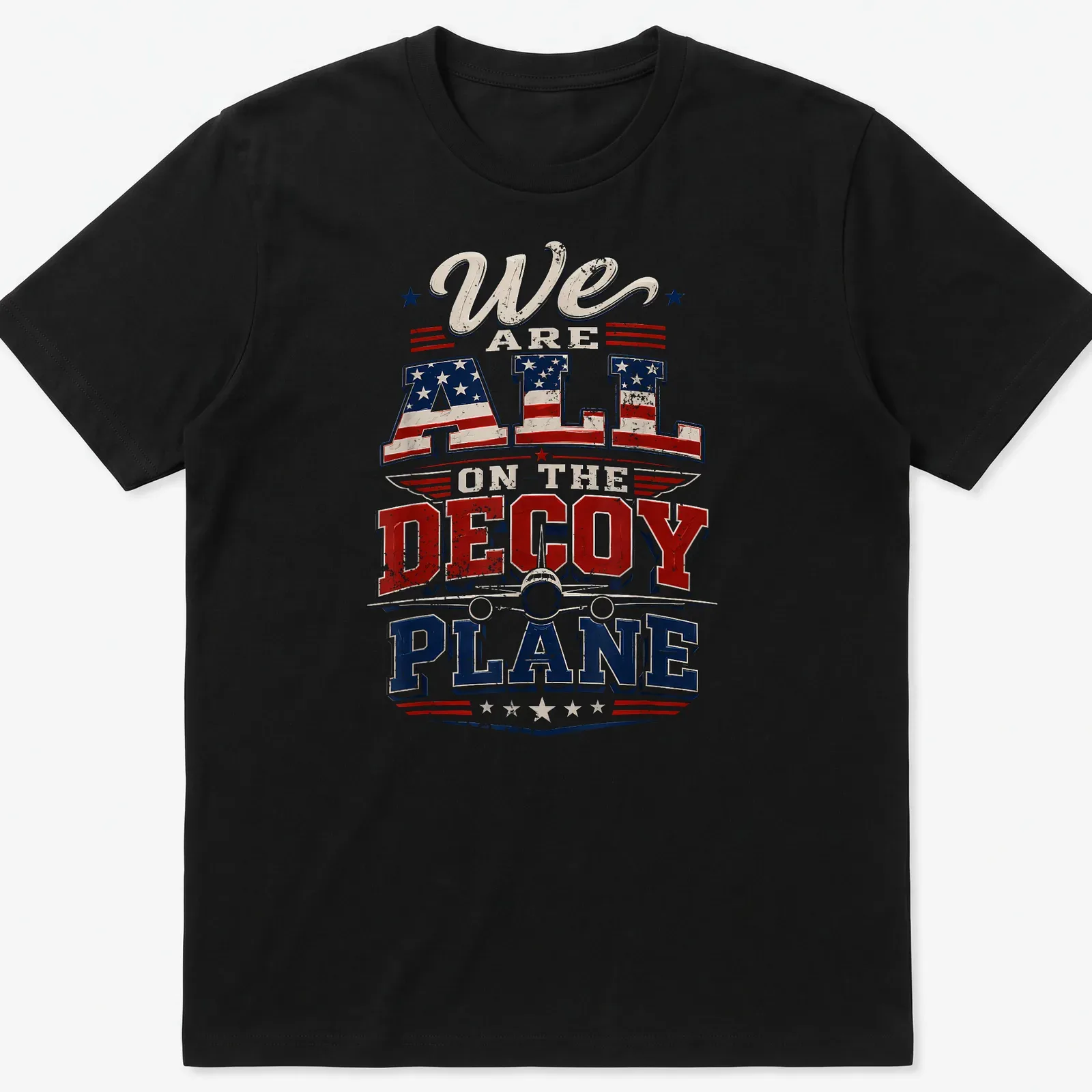 Vintage distressed T-shirt with a decoy plane and bold patriotic text — printed on a unisex t-shirt