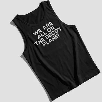 Minimalist design featuring a decoy plane with text about shared experiences — printed on a tank top