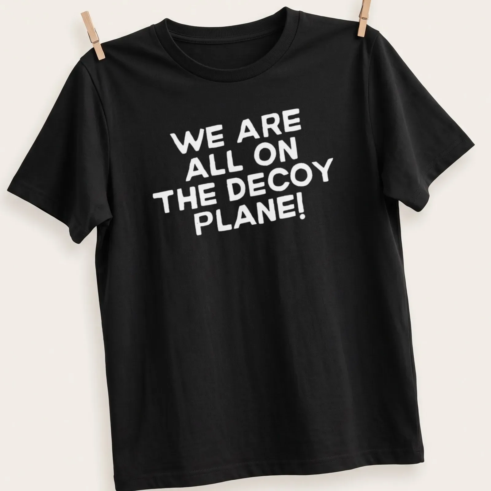 Minimalist design featuring a decoy plane with text about shared experiences — printed on a unisex t-shirt