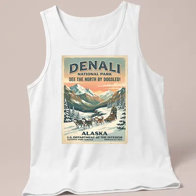 Vintage style Denali National Park t-shirt featuring a dogsledding scene and classic text — printed on a tank top