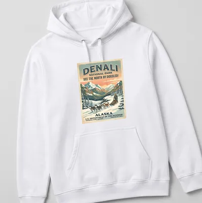Vintage style Denali National Park t-shirt featuring a dogsledding scene and classic text — printed on a unisex hoodie