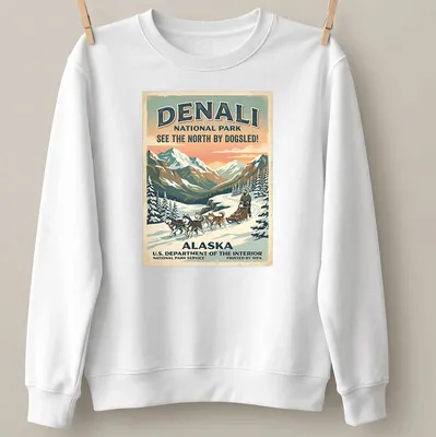 Vintage style Denali National Park t-shirt featuring a dogsledding scene and classic text — printed on a unisex sweatshirt