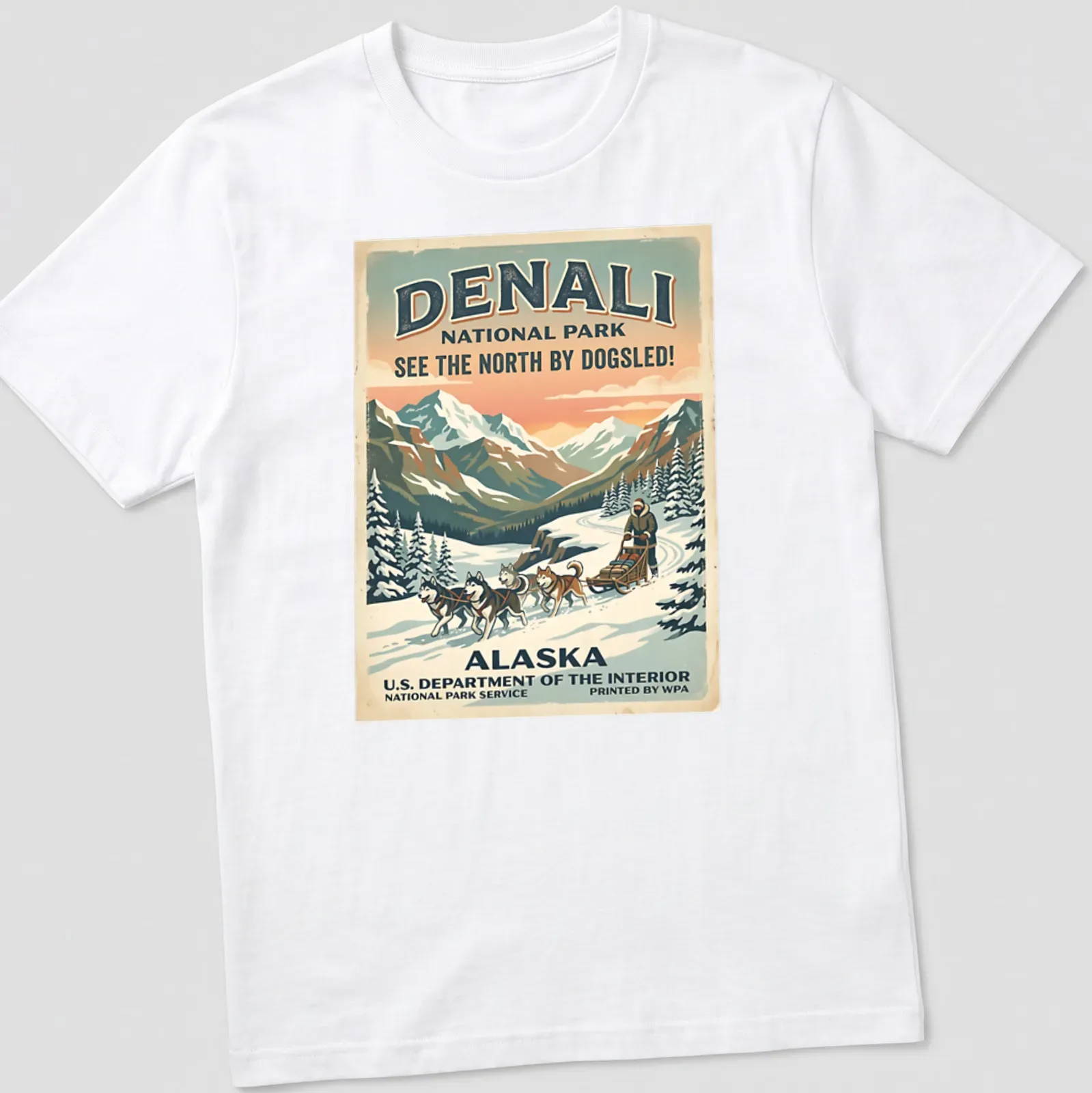 Vintage style Denali National Park t-shirt featuring a dogsledding scene and classic text — printed on a unisex t-shirt