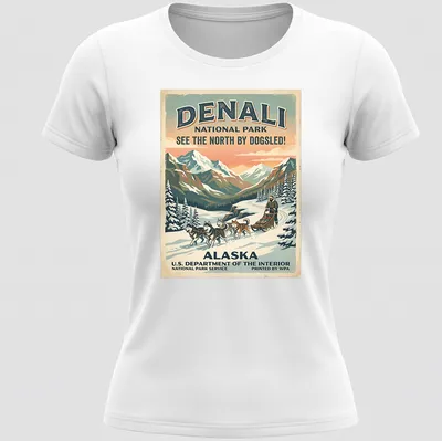 Vintage style Denali National Park t-shirt featuring a dogsledding scene and classic text — printed on a women's shirt