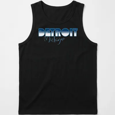 Modern bold print of Detroit Michigan USA in blue and white. — printed on a tank top