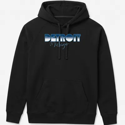 Modern bold print of Detroit Michigan USA in blue and white. — printed on a unisex hoodie