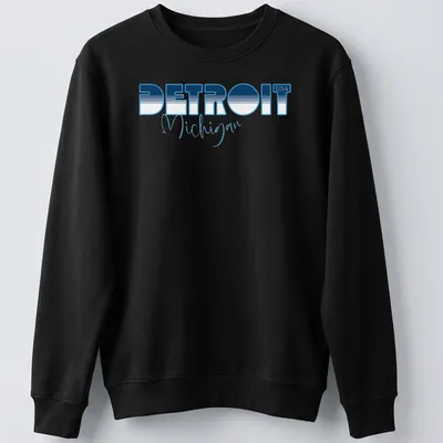 Modern bold print of Detroit Michigan USA in blue and white. — printed on a unisex sweatshirt