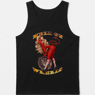 Vintage illustration of a devilish pin-up girl with the text 'HELL ON WHEELS' in bold letters — printed on a tank top