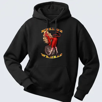 Vintage illustration of a devilish pin-up girl with the text 'HELL ON WHEELS' in bold letters — printed on a unisex hoodie