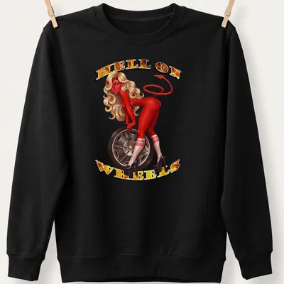 Vintage illustration of a devilish pin-up girl with the text 'HELL ON WHEELS' in bold letters — printed on a unisex sweatshirt