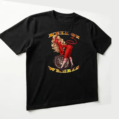 Vintage illustration of a devilish pin-up girl with the text 'HELL ON WHEELS' in bold letters — printed on a unisex t-shirt (angled view)