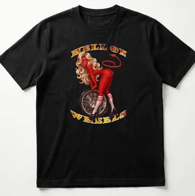 Vintage illustration of a devilish pin-up girl with the text 'HELL ON WHEELS' in bold letters