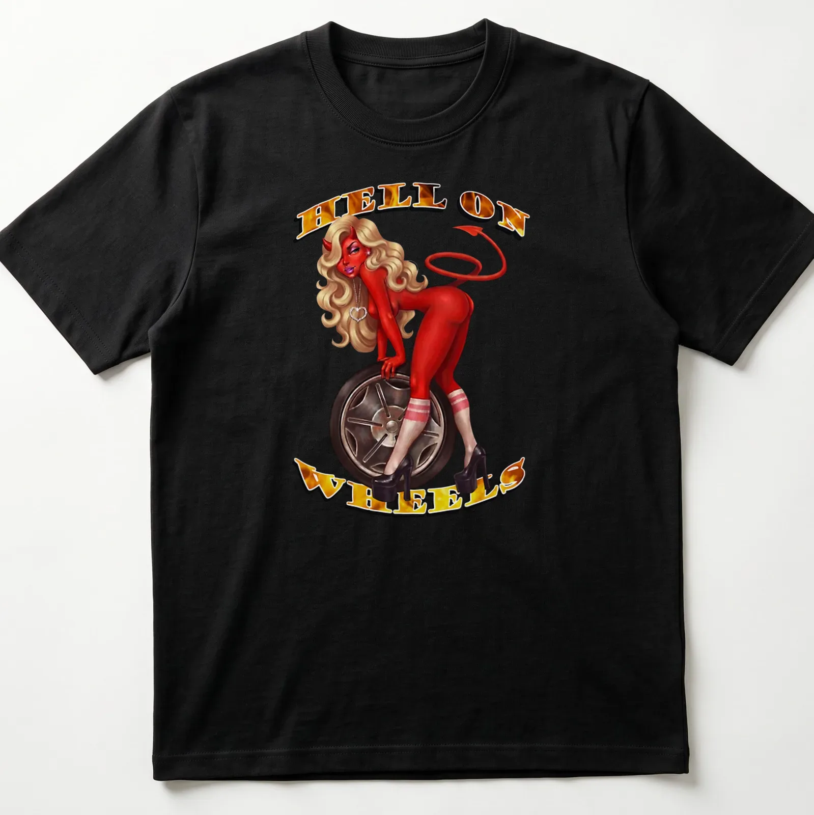 Vintage illustration of a devilish pin-up girl with the text 'HELL ON WHEELS' in bold letters — printed on a unisex t-shirt
