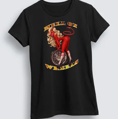 Vintage illustration of a devilish pin-up girl with the text 'HELL ON WHEELS' in bold letters — printed on a women's shirt