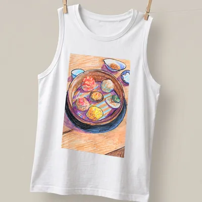 Colorful pastel illustration of dim sum with the text 'From Everyday Meals To Artwork' — printed on a tank top