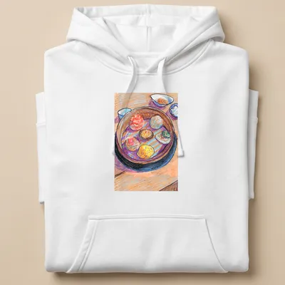 Colorful pastel illustration of dim sum with the text 'From Everyday Meals To Artwork' — printed on a unisex hoodie